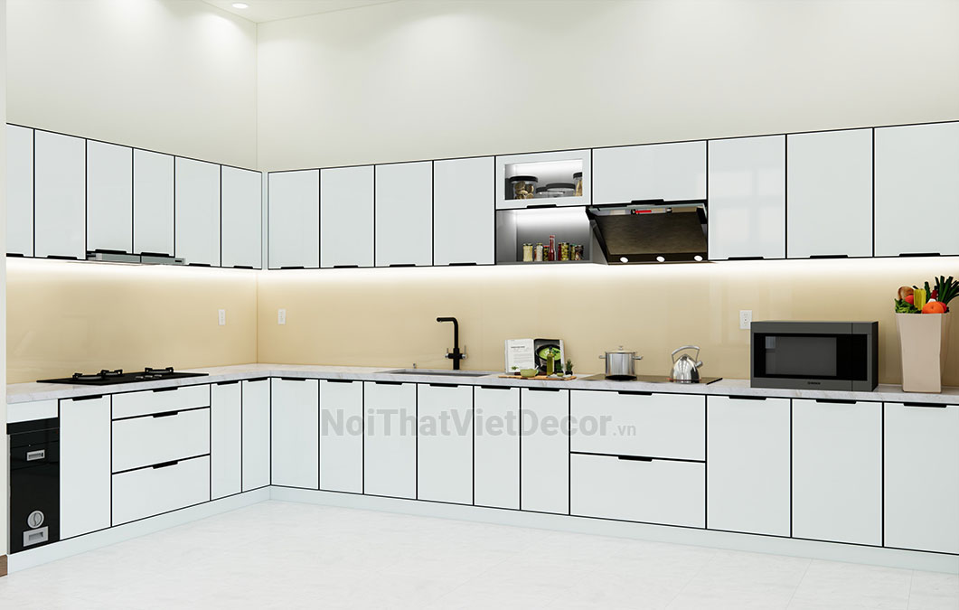 Tủ bếp hiện đại chữ L có đảo, khung inox 304 sơn tĩnh điện, cánh kính sơn màu viền nhôm, mặt bếp đá nhân tạo marble trắng vân mây, ốp tường kính cường lực 8mm - Phương án thiết kế phối cảnh 3D