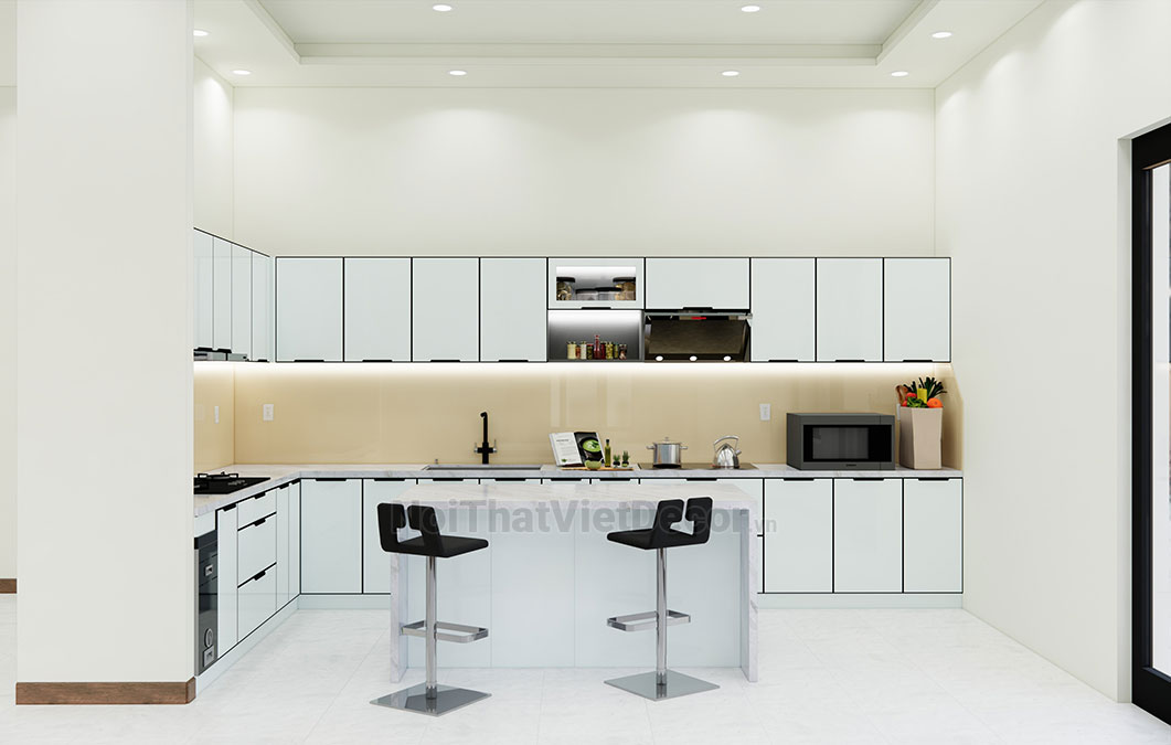 Tủ bếp hiện đại chữ L có đảo, khung inox 304 sơn tĩnh điện, cánh kính sơn màu viền nhôm, mặt bếp đá nhân tạo marble trắng vân mây, ốp tường kính cường lực 8mm - Phương án thiết kế phối cảnh 3D