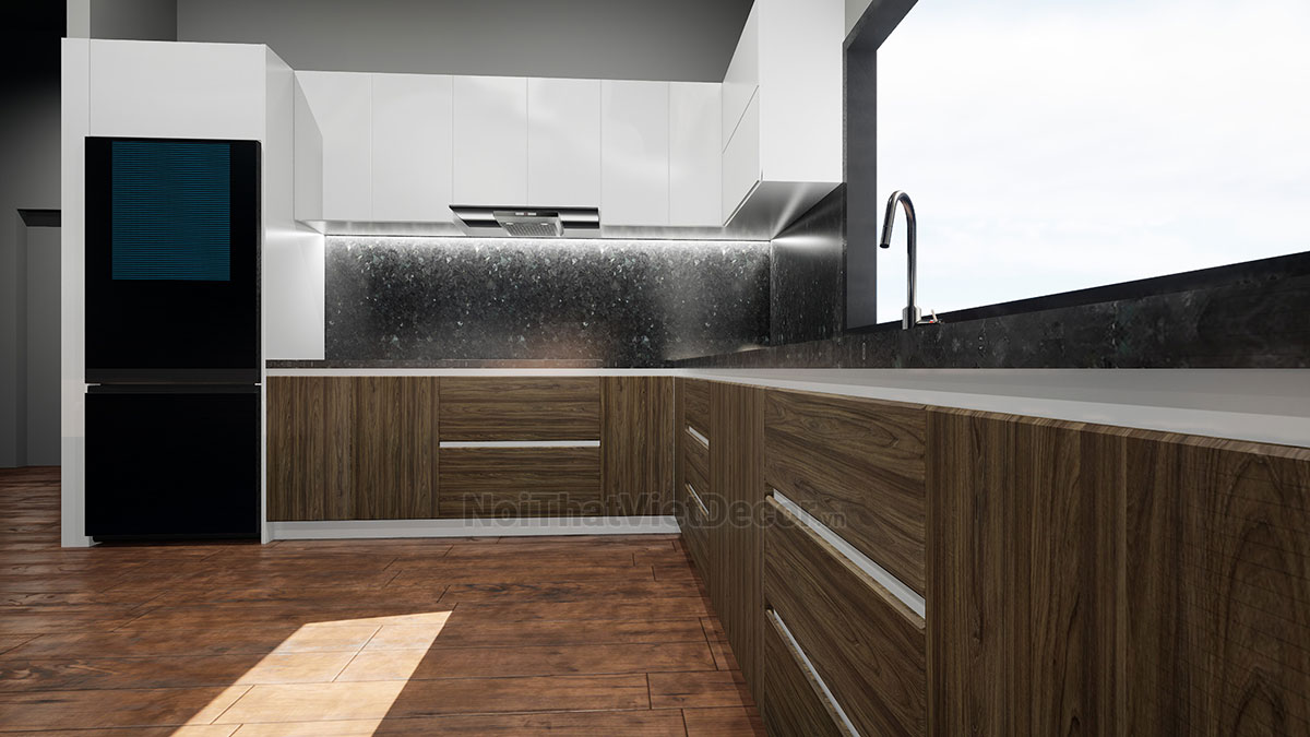 Noithatvietdecor Tủ bếp hiện đại chữ L, gỗ công nghiệp MDF chống ẩm phủ melamine Hồng Nghi
