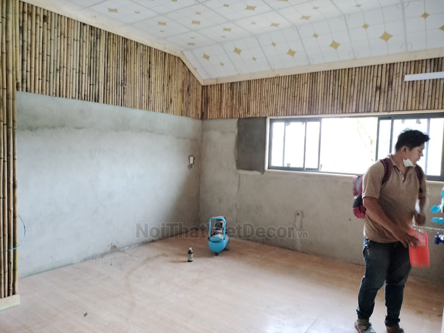 Noithatvietdecor Tủ bếp hiện đại chữ L, gỗ công nghiệp MDF chống ẩm phủ melamine Hồng Nghi
