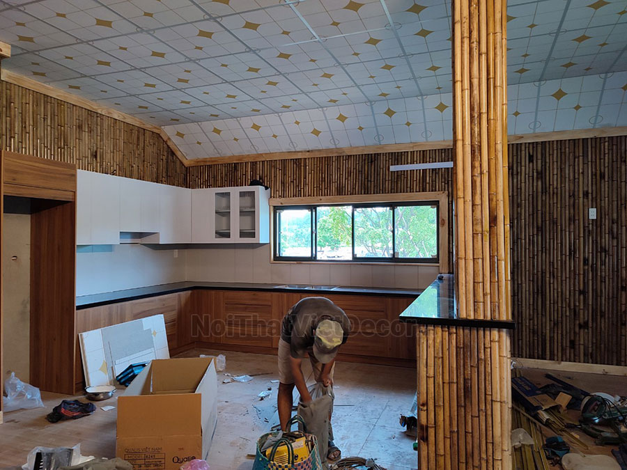 Noithatvietdecor Tủ bếp hiện đại chữ L, gỗ công nghiệp MDF chống ẩm phủ melamine Hồng Nghi