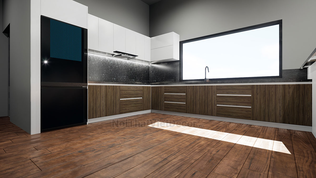 Noithatvietdecor Tủ bếp hiện đại chữ L, gỗ công nghiệp MDF chống ẩm phủ melamine Hồng Nghi