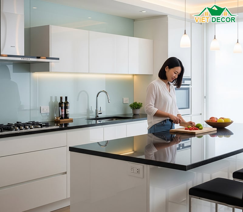 Tủ bếp inox cánh kính cường lực – Độ bền vượt thời gian