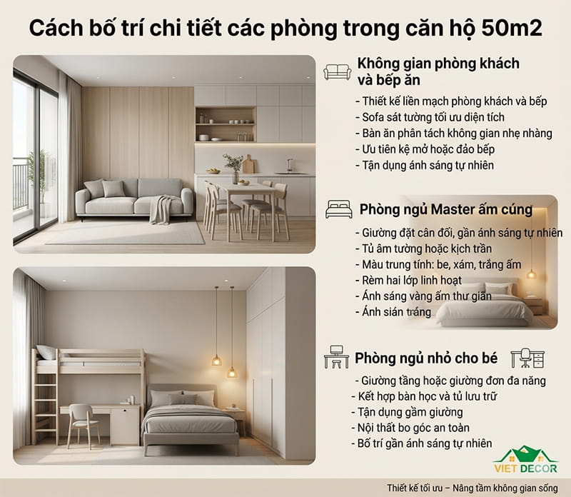 Cách bố trí chi tiết các phòng trong căn hộ 50m2