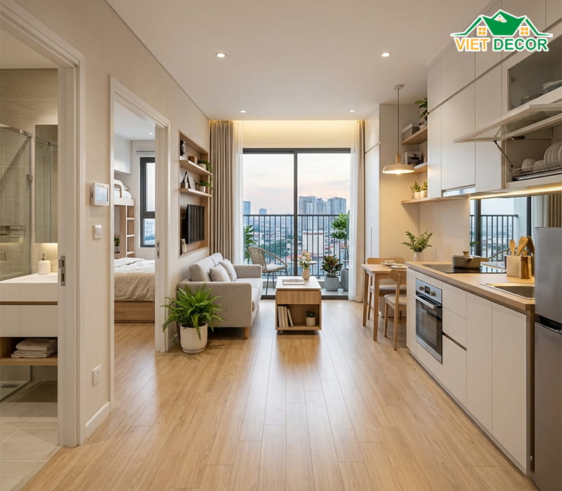 thiết kế căn hộ 45m2 2 phòng ngủ