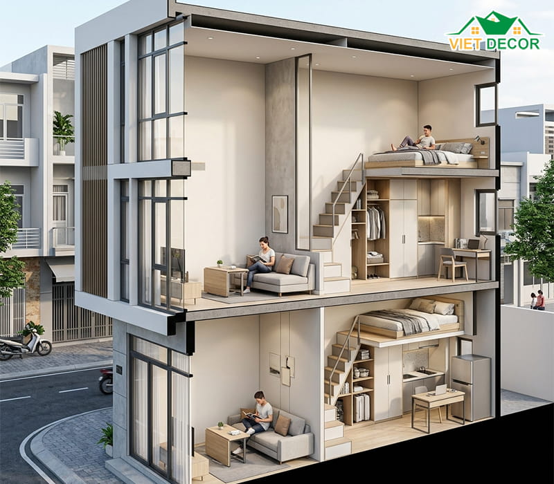 Mẫu nhà trọ 3 tầng có gác lửng giúp nhân đôi diện tích sử dụng