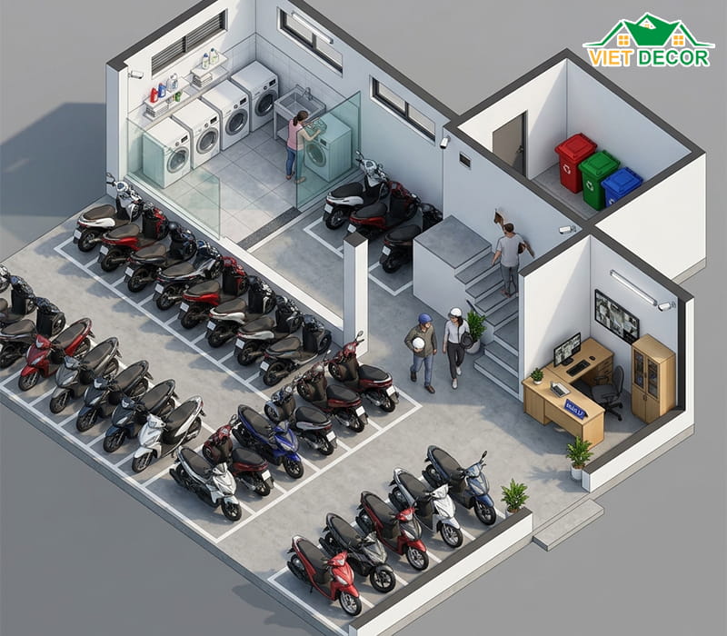 Tầng 1: Khu vực để xe và các tiện ích chung