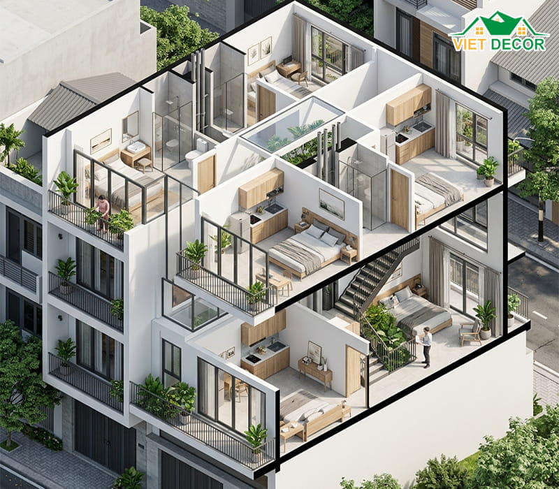 Tầng 2 và Tầng 3: Phân bổ không gian phòng ở