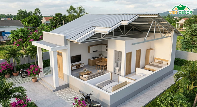 Mẫu nhà cấp 4 mái tôn đơn giản, hiện đại
