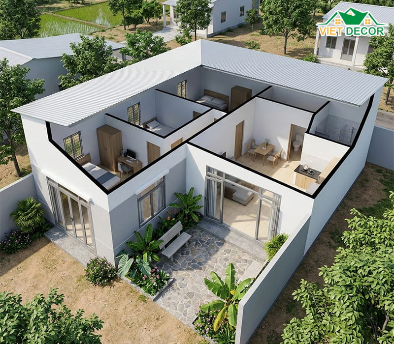 Mẫu nhà cấp 4 3 phòng ngủ chữ L tối ưu ánh sáng