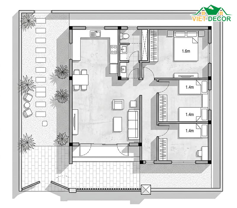 Sơ đồ bố trí 3 phòng ngủ liền kề