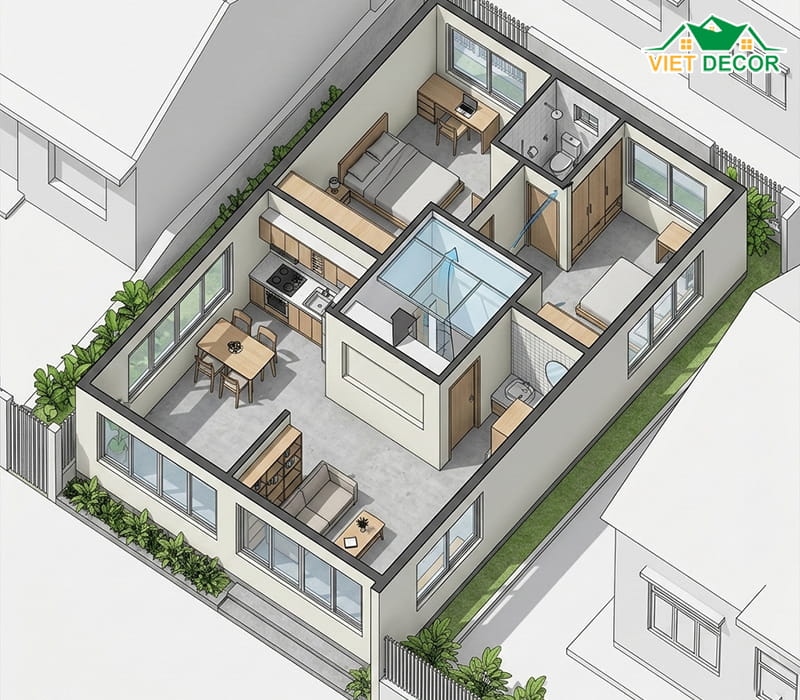 Cách bố trí cửa sổ và giếng trời tự nhiên