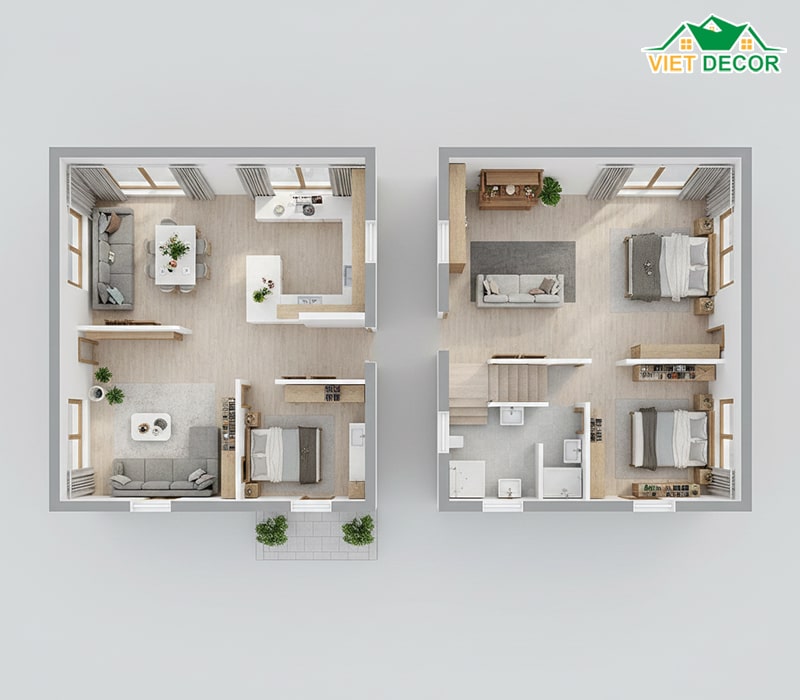 Phương án 2: Thiết kế phòng khách liên thông bếp cực rộng