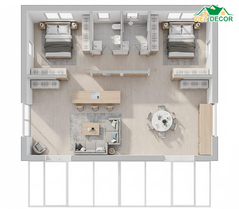 Mẫu nhà 8x10m 1 tầng với 2 phòng ngủ cho gia đình trẻ