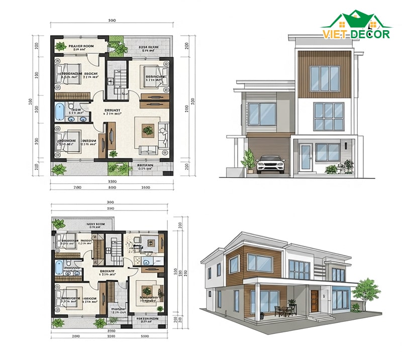 Bản vẽ thiết kế mẫu nhà ống 2 tầng 3 phòng ngủ 1 phòng thờ hiện đại