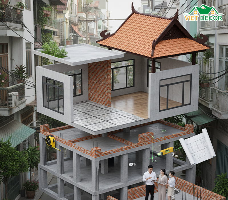 Dự toán chi phí xây dựng trọn gói nhà ống 2 tầng 4 phòng ngủ 1 phòng thờ