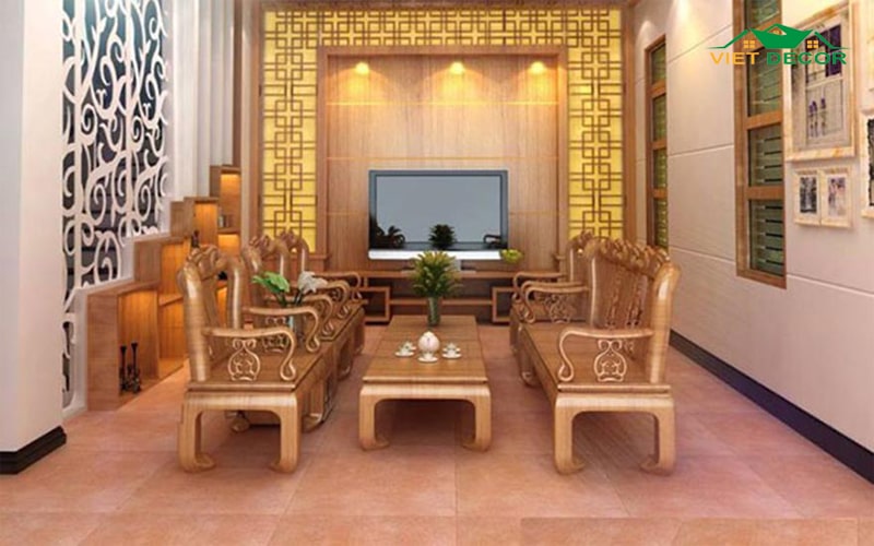 Mẫu thiết kế phòng khách nhà cấp 4 nội thất gỗ