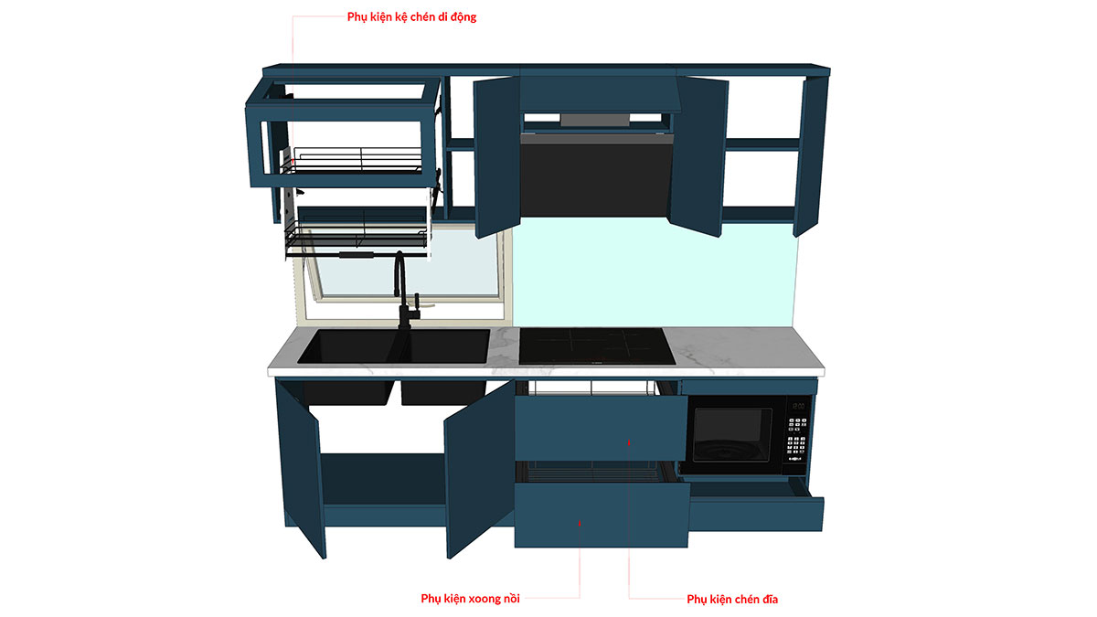 Tủ bếp hiện đại chữ I, gỗ công nghiệp MDF lõi xanh chống ẩm phủ acrylic An Cường