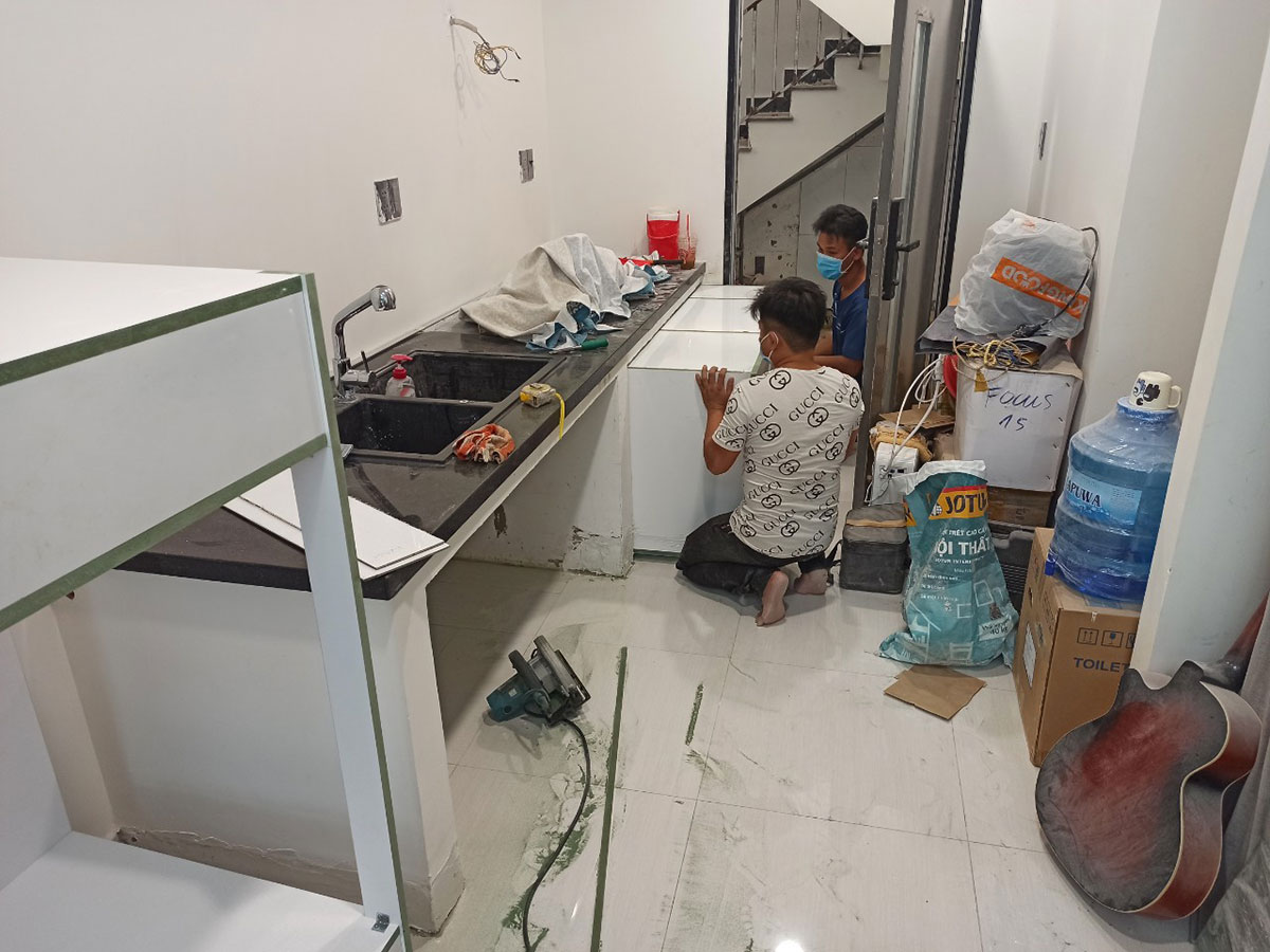 Tủ bếp hiện đại chữ I, gỗ công nghiệp MDF chống ẩm acrylic An Cường