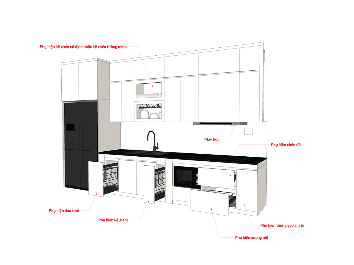 Tủ bếp hiện đại chữ I, gỗ công nghiệp MDF chống ẩm acrylic An Cường