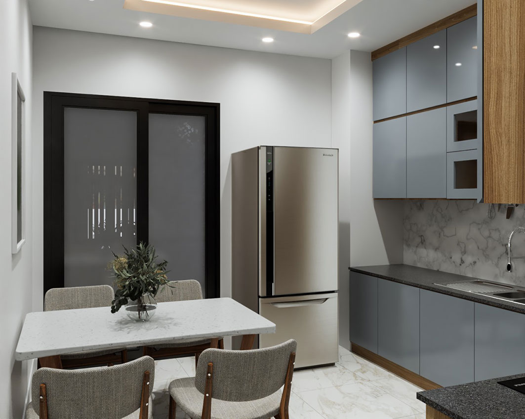 Tủ bếp hiện đại chữ L, gỗ công nghiệp MDF chống ẩm phủ acrylic An Cường