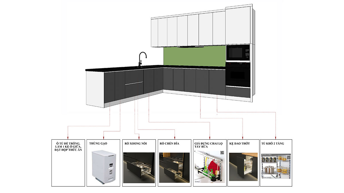 Tủ bếp hiện đại chữ L, gỗ công nghiệp MDF lõi xanh chống ẩm phủ acrylic An Cường