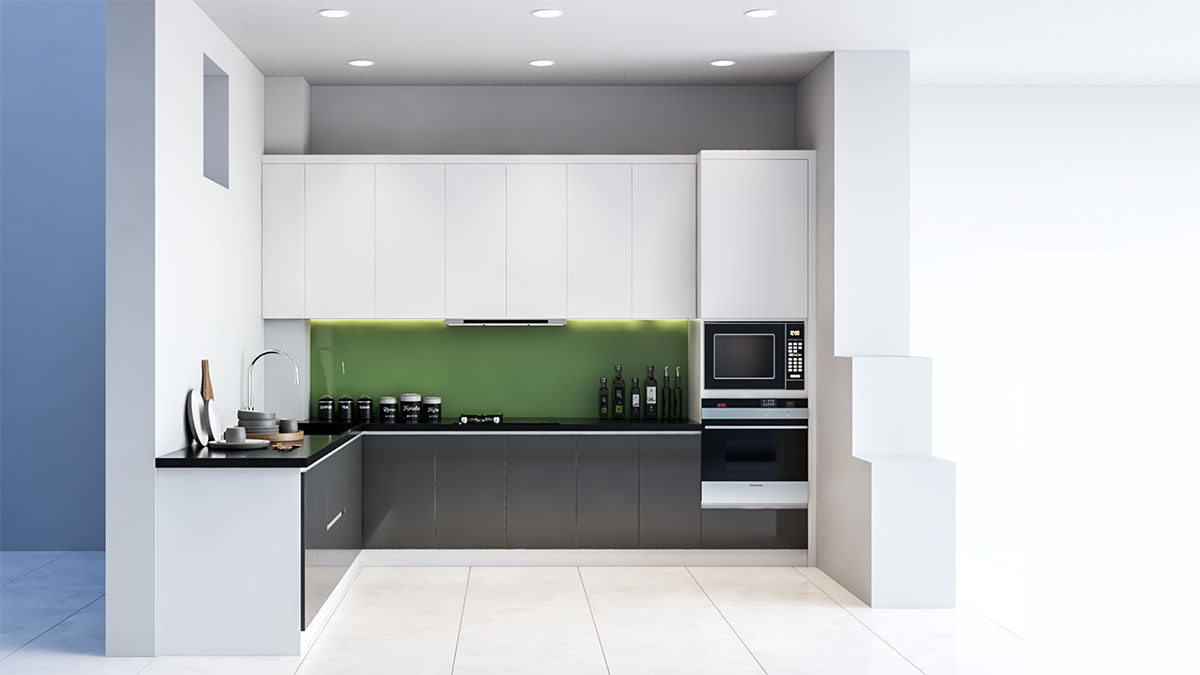 Tủ bếp hiện đại chữ L, gỗ công nghiệp MDF lõi xanh chống ẩm phủ acrylic An Cường