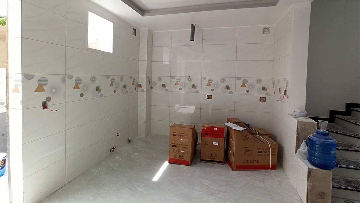 Tủ bếp hiện đại chữ L, gỗ công nghiệp MDF lõi xanh chống ẩm phủ acrylic An Cường