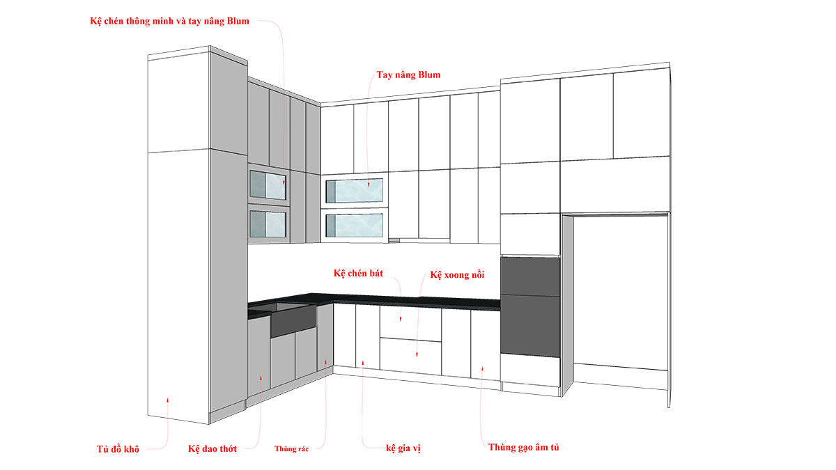 Tủ bếp hiện đại chữ L, gỗ công nghiệp MDF chống ẩm phủ acrylic An Cường