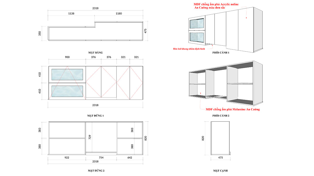Tủ bếp hiện đại chữ L, gỗ công nghiệp MDF chống ẩm phủ acrylic An Cường