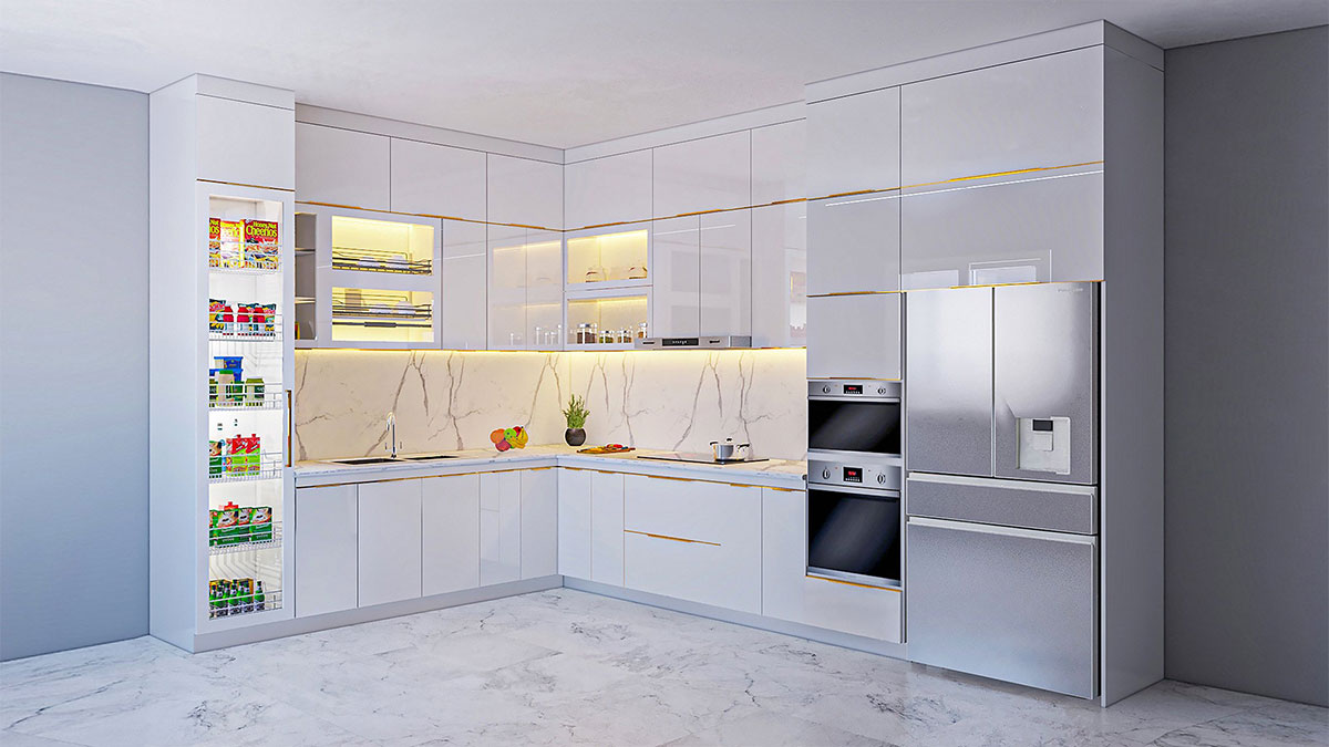 Tủ bếp hiện đại chữ L, gỗ công nghiệp MDF chống ẩm phủ acrylic An Cường