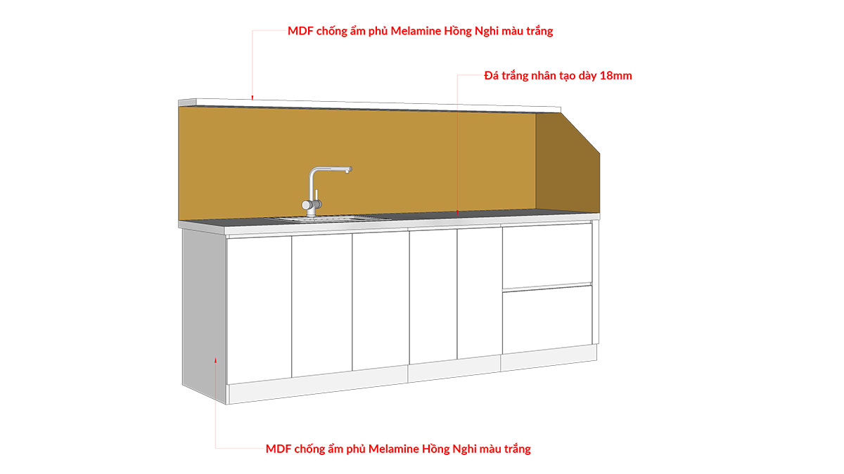 Tủ bếp hiện đại chữ I, gỗ công nghiệp MDF chống ẩm melamine