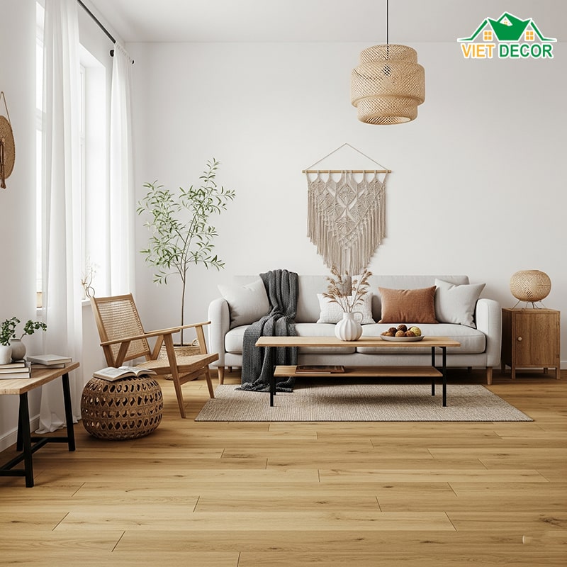 Tường màu trắng sử dụng gạch lát nền vân gỗ