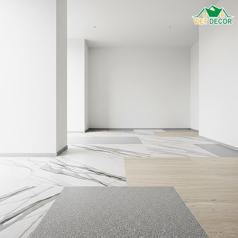Tường màu trắng kết hợp với gạch màu vân đá