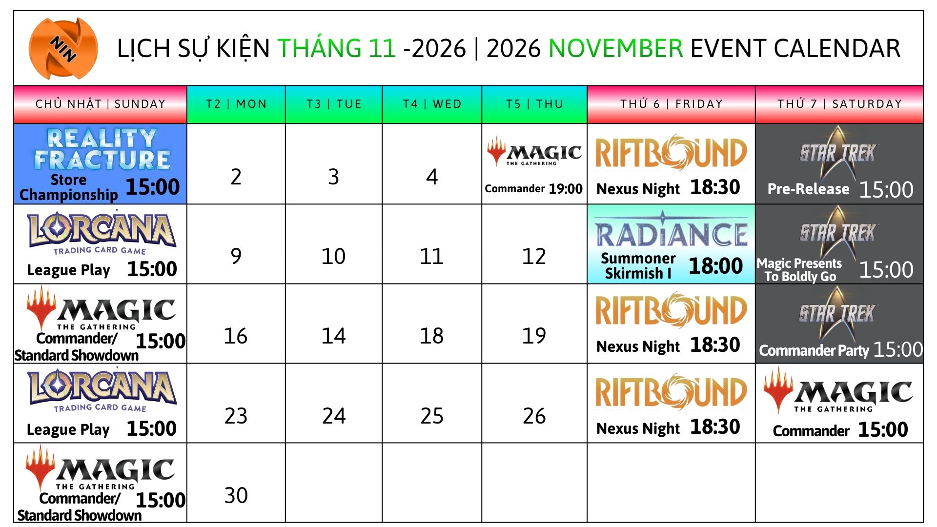 Lịch sự kiện tháng 11/2026