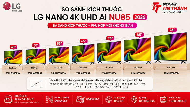 So sánh kích thước tivi LG NU855 từ 43 inch đến 98 inch