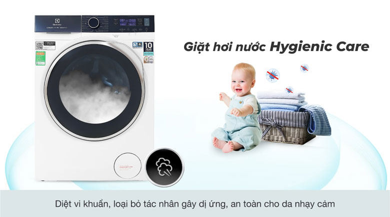 Máy giặt Electrolux cửa ngang 11kg - Công nghệ Hygienic Care giúp loại bỏ các tác nhân gây dị ứng và vi khuẩn lên tới 99.99% 