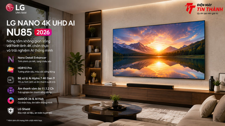 Tivi LG NU855 lắp đặt trong phòng khách gia đình hiện đại