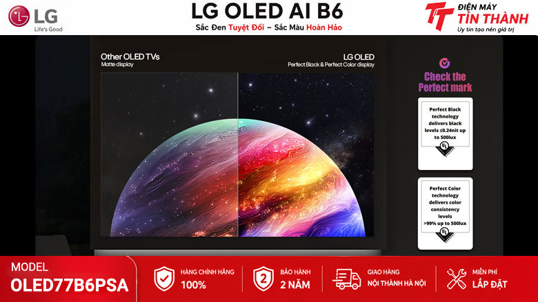 Màn hình OLED trên tivi LG OLED77B6PSA hiển thị màu đen sâu