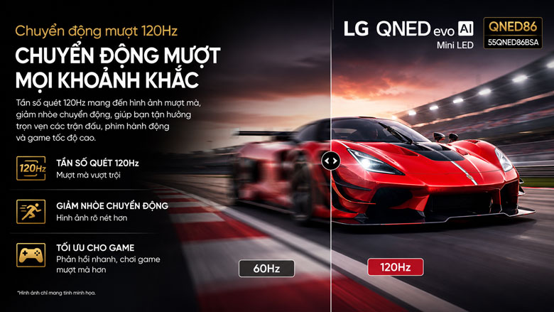Tivi LG 55QNED86BSA hỗ trợ tần số quét 120Hz và VRR 144Hz khi chơi game