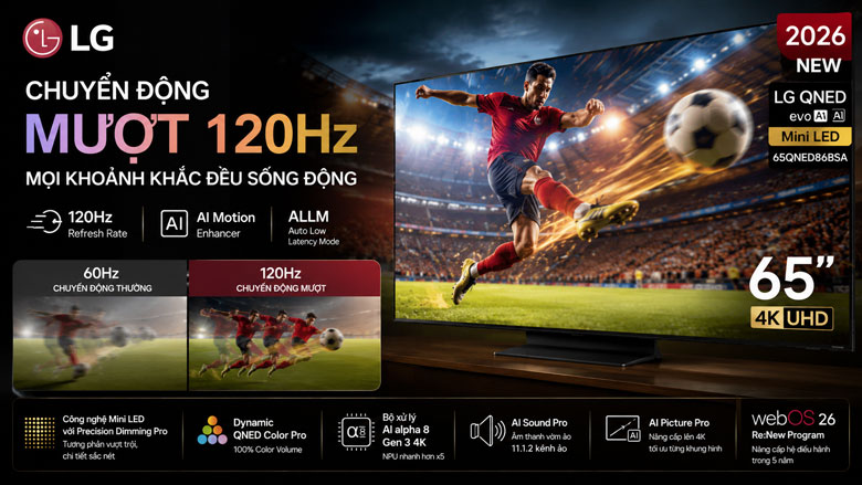 Tivi LG 65QNED86BSA hỗ trợ tần số quét 120Hz và VRR 144Hz khi chơi game