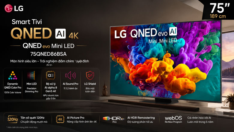 Smart Tivi QNED LG AI 4K 75 inch 75QNED86BSA với màn hình QNED evo Mini LED