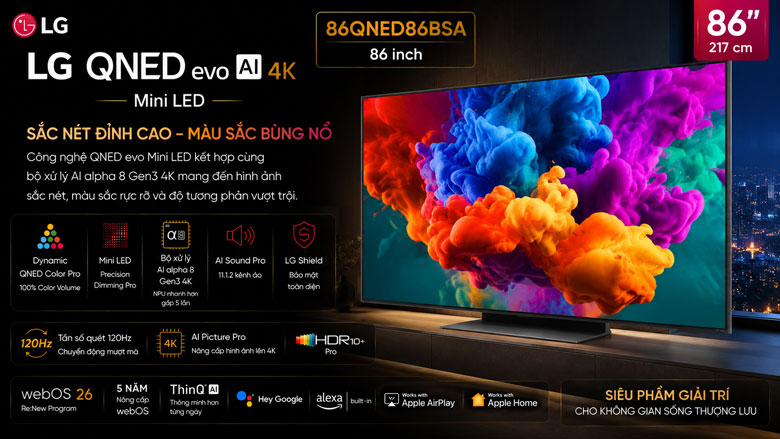 Smart Tivi QNED LG AI 4K 86 inch 86QNED86BSA với màn hình QNED evo Mini LED