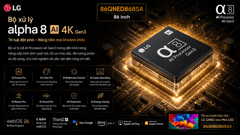 Bộ xử lý alpha 8 AI 4K Gen3 trên TV LG 86QNED86BSA