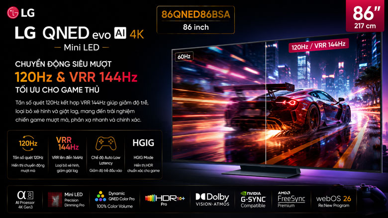 Tivi LG 86QNED86BSA hỗ trợ 120Hz và VRR 144Hz
