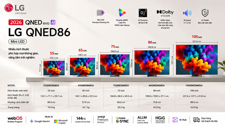 So sánh kích thước tivi LG QNED86BSA 55 65 75 86 và 100 inch