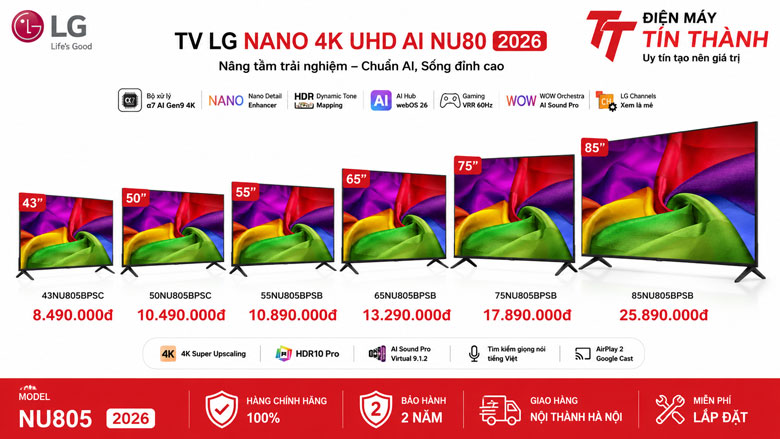 Tivi LG NU805 2026 gồm các kích thước 43 50 55 65 75 và 85 inch