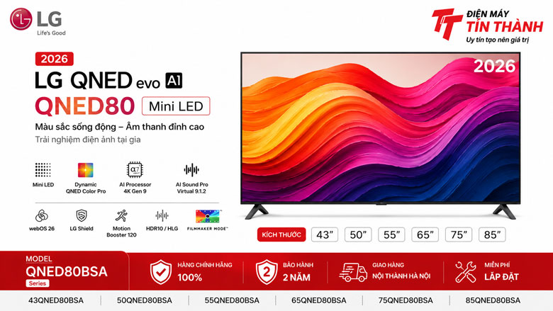 Tivi LG QNED80BSA Series 2026 gồm các kích thước 43 50 55 65 75 và 85 inch