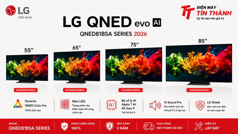 LG QNED81BSA Series 2026 gồm các kích thước 55 65 75 và 85 inch