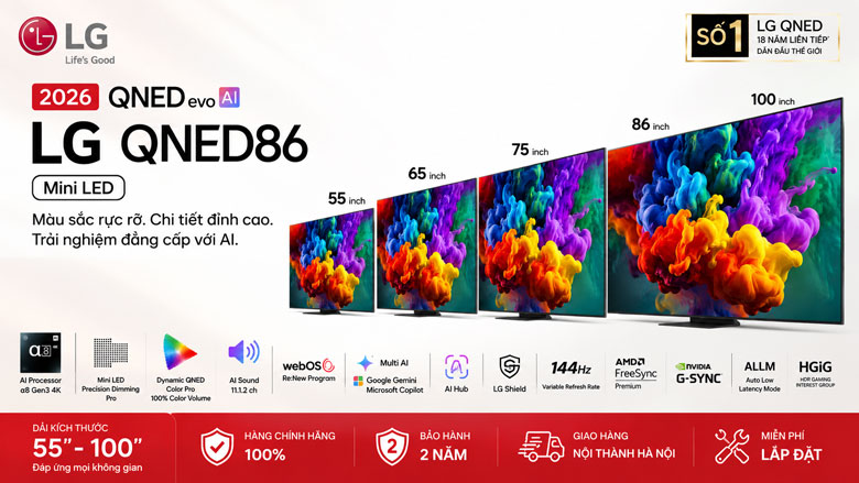 Tivi LG QNED86BSA 2026 QNED evo Mini LED gồm các kích thước 55 65 75 86 và 100 inch